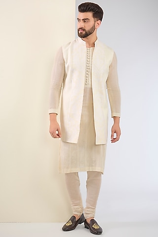 Ivory Cotton Textured Indo-Western Set by SANCHIT SHARMA