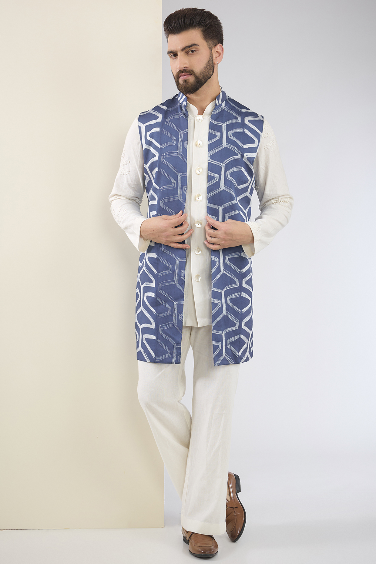 Blue Silk Shibori Indo-Western Set by SANCHIT SHARMA