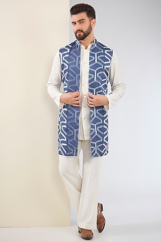 Blue Silk Shibori Indo-Western Set by SANCHIT SHARMA