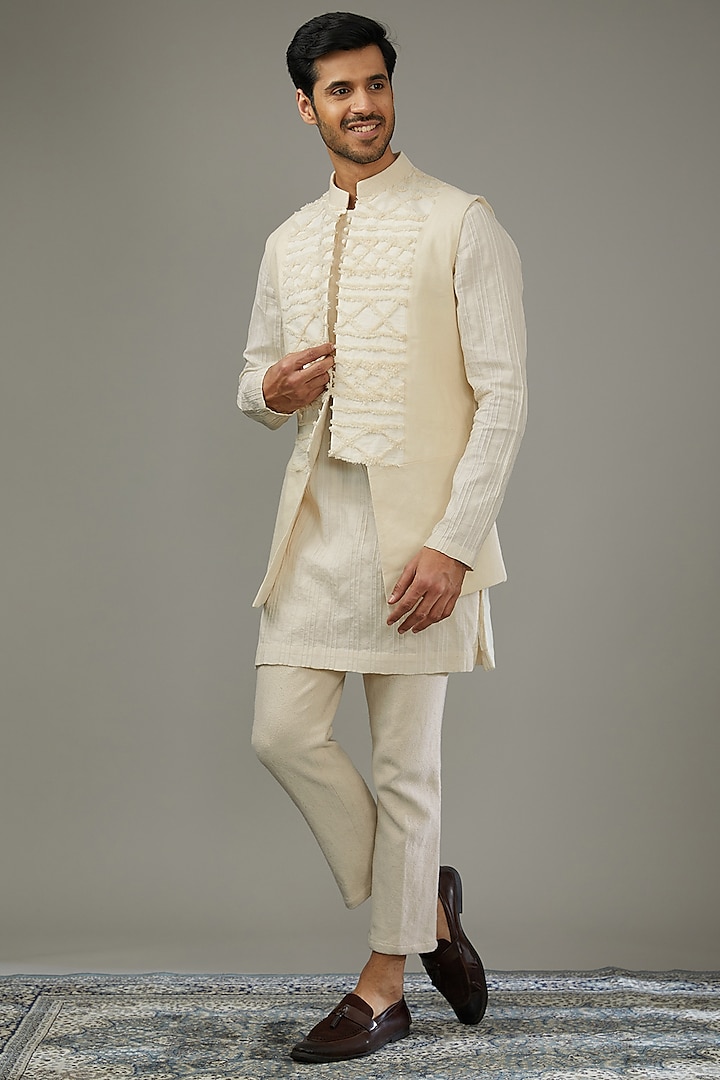 Ivory Cotton Khadi Textured Indo-Western Set by SANCHIT SHARMA