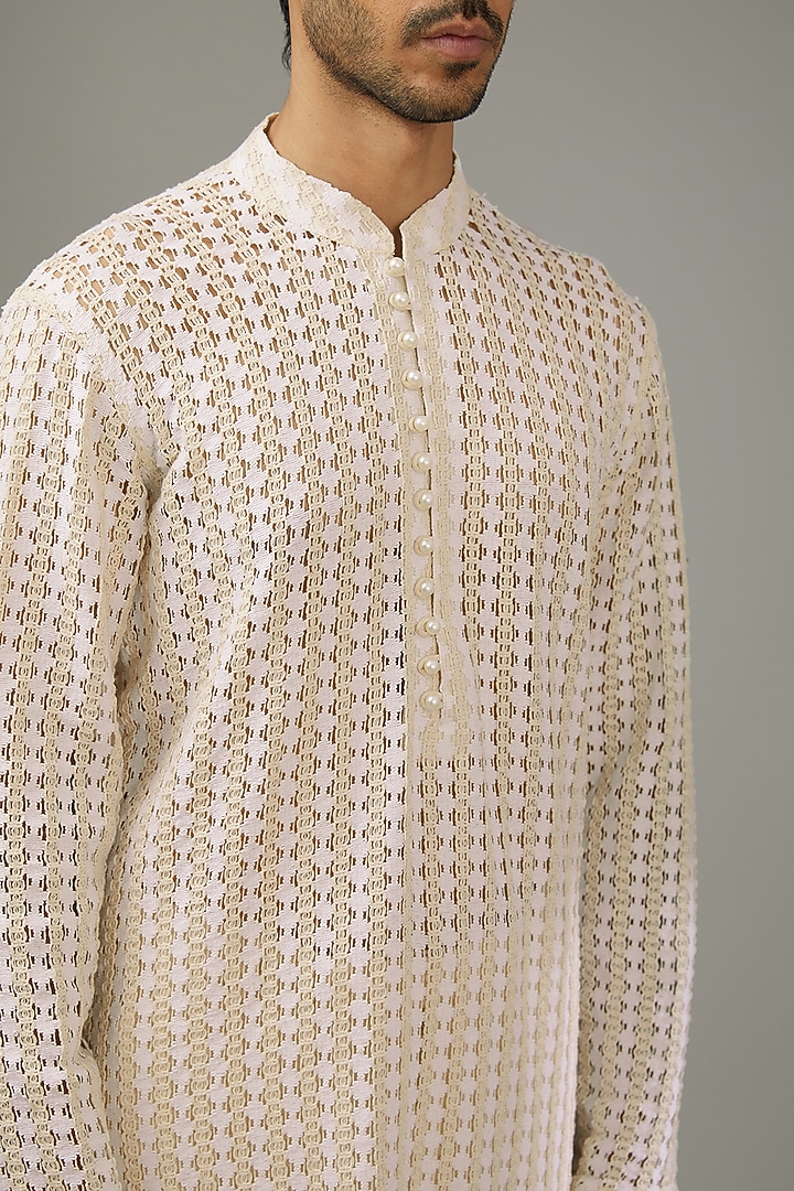 Ivory Crochet & Cotton Kurta Set by SANCHIT SHARMA at Pernia's Pop Up Shop