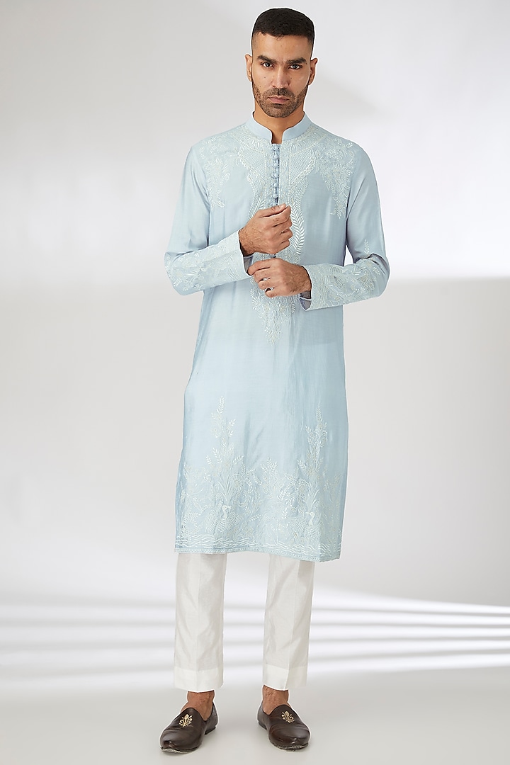 Ice Blue Chanderi Thread Embroidered Kurta Set by SANCHIT SHARMA