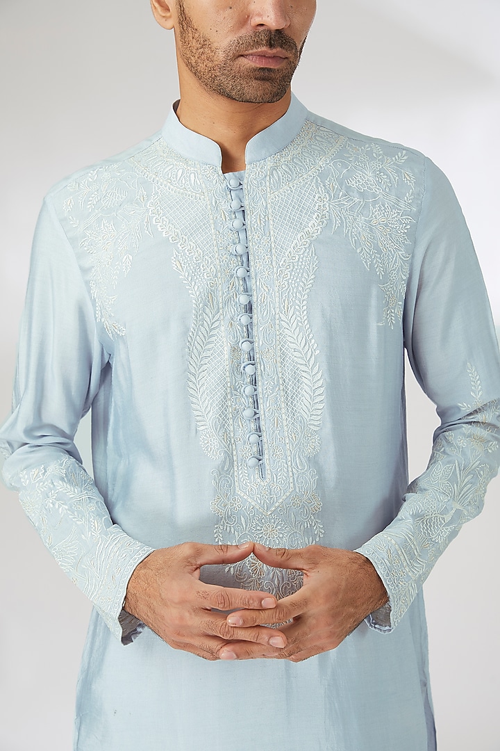 Ice Blue Chanderi Thread Embroidered Kurta Set by SANCHIT SHARMA at Pernia's Pop Up Shop