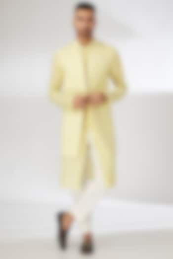 Yellow Chanderi Thread Work Nehru Jacket Set by SANCHIT SHARMA