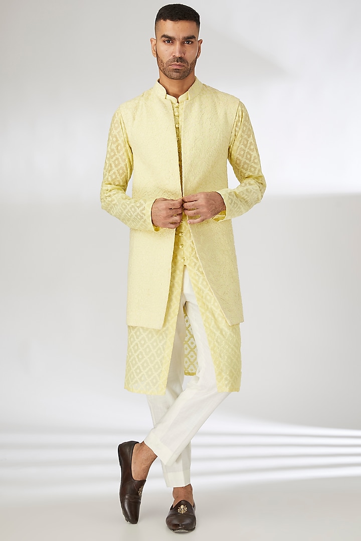 Yellow Chanderi Thread Work Nehru Jacket Set by SANCHIT SHARMA at Pernia's Pop Up Shop