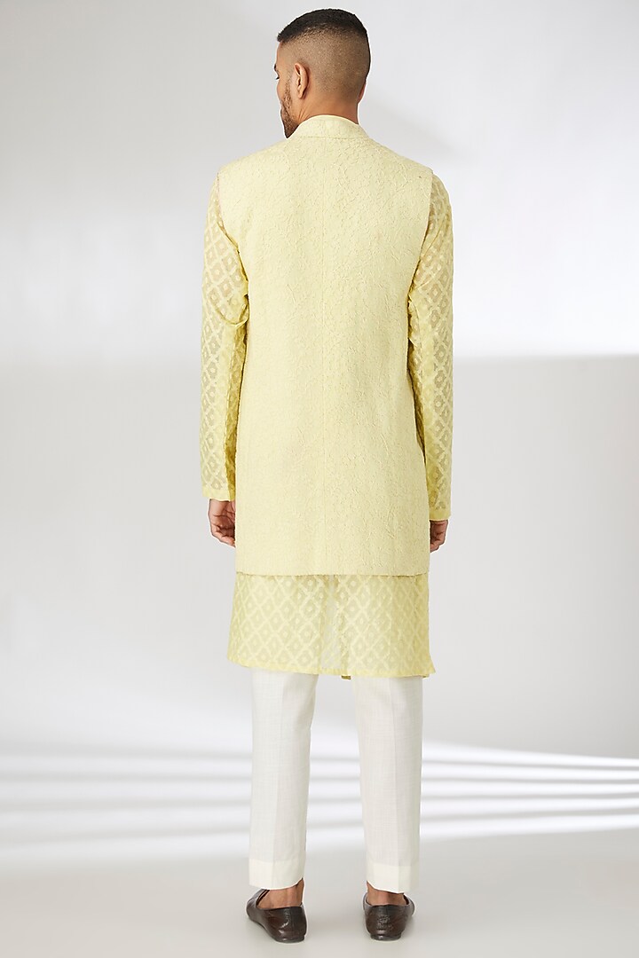 Yellow Chanderi Thread Work Nehru Jacket Set by SANCHIT SHARMA at Pernia's Pop Up Shop