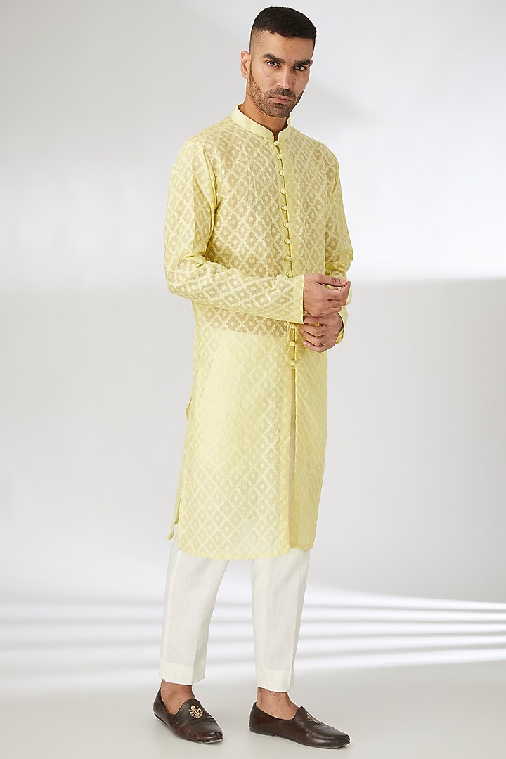 Yellow Chanderi Thread Work Nehru Jacket Set by SANCHIT SHARMA at Pernia's Pop Up Shop