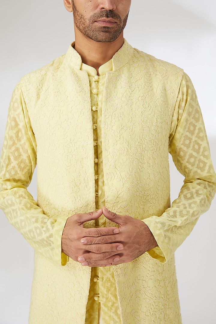 Yellow Chanderi Thread Work Nehru Jacket Set by SANCHIT SHARMA at Pernia's Pop Up Shop
