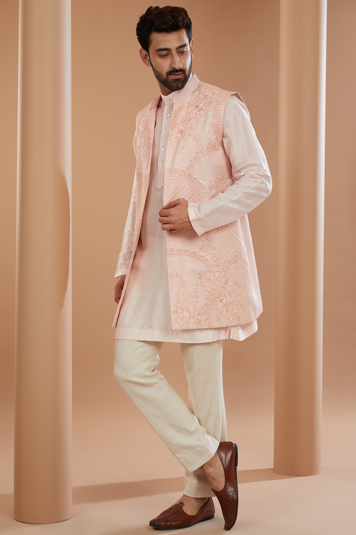 Peach Silk Embroidered Wedding Indowestern Jacket Set by SANCHIT SHARMA at Pernia's Pop Up Shop