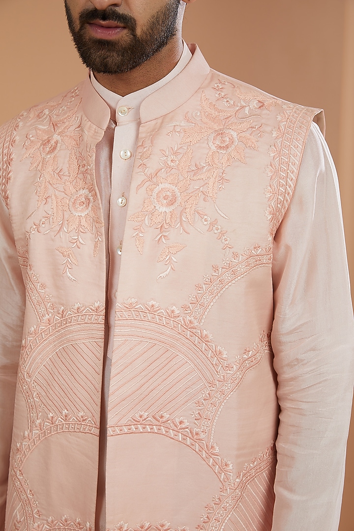 Peach Silk Embroidered Wedding Indowestern Jacket Set by SANCHIT SHARMA at Pernia's Pop Up Shop