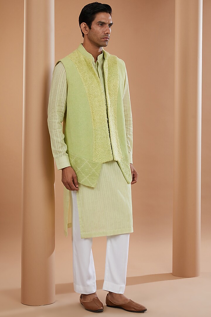 Neon Green Khadi Cotton Wedding Indowestern Set by SANCHIT SHARMA at Pernia's Pop Up Shop
