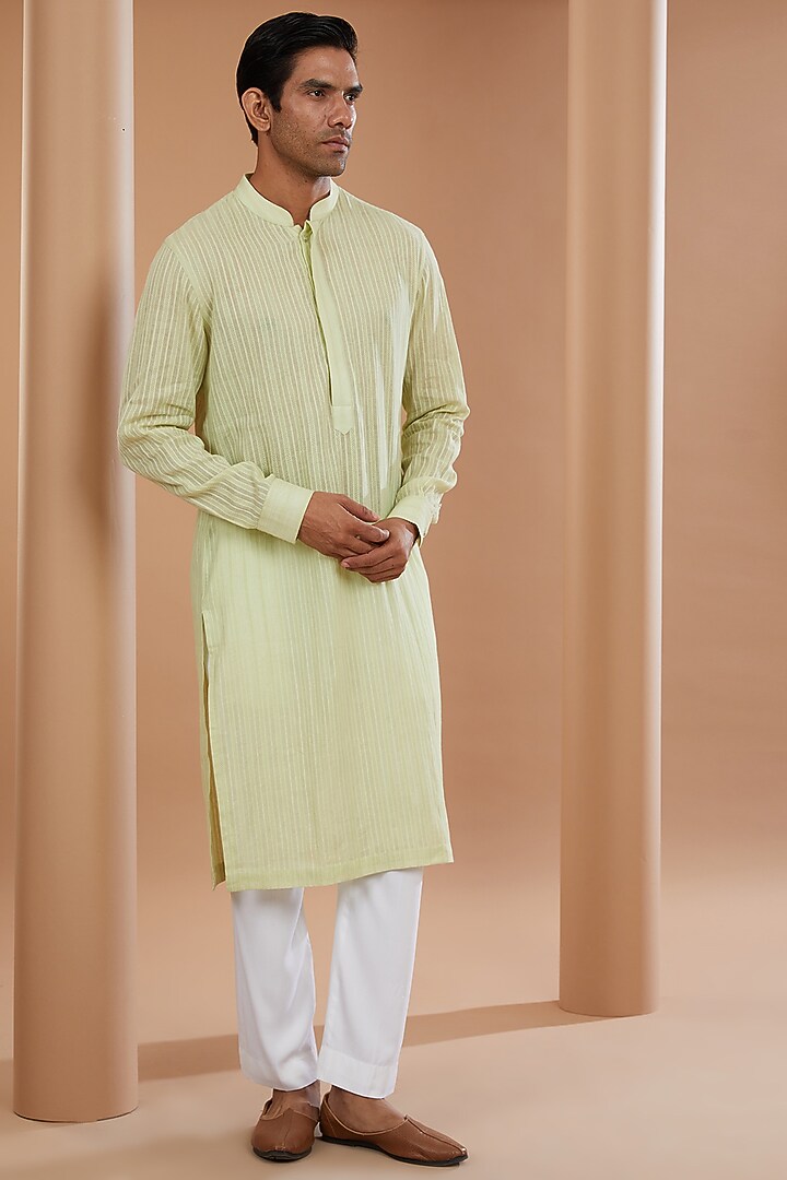 Neon Green Khadi Cotton Wedding Indowestern Set by SANCHIT SHARMA at Pernia's Pop Up Shop