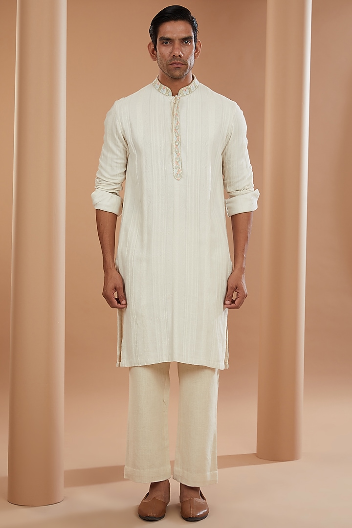 Ivory Khadi Chanderi Textured Wedding Indowestern Set by SANCHIT SHARMA at Pernia's Pop Up Shop