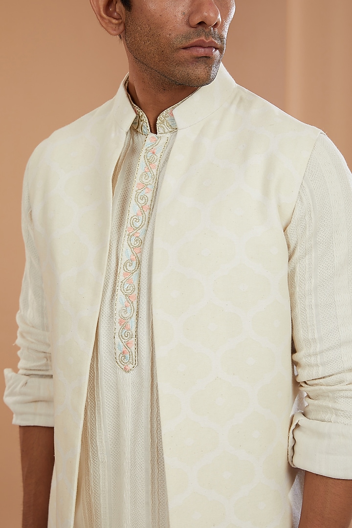 Ivory Khadi Chanderi Textured Wedding Indowestern Set by SANCHIT SHARMA at Pernia's Pop Up Shop