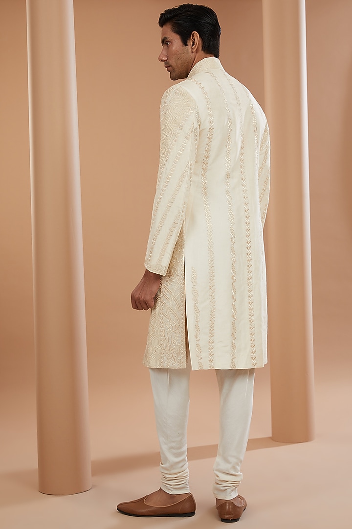 Beige Raw Silk Groom Sherwani Set by SANCHIT SHARMA at Pernia's Pop Up Shop