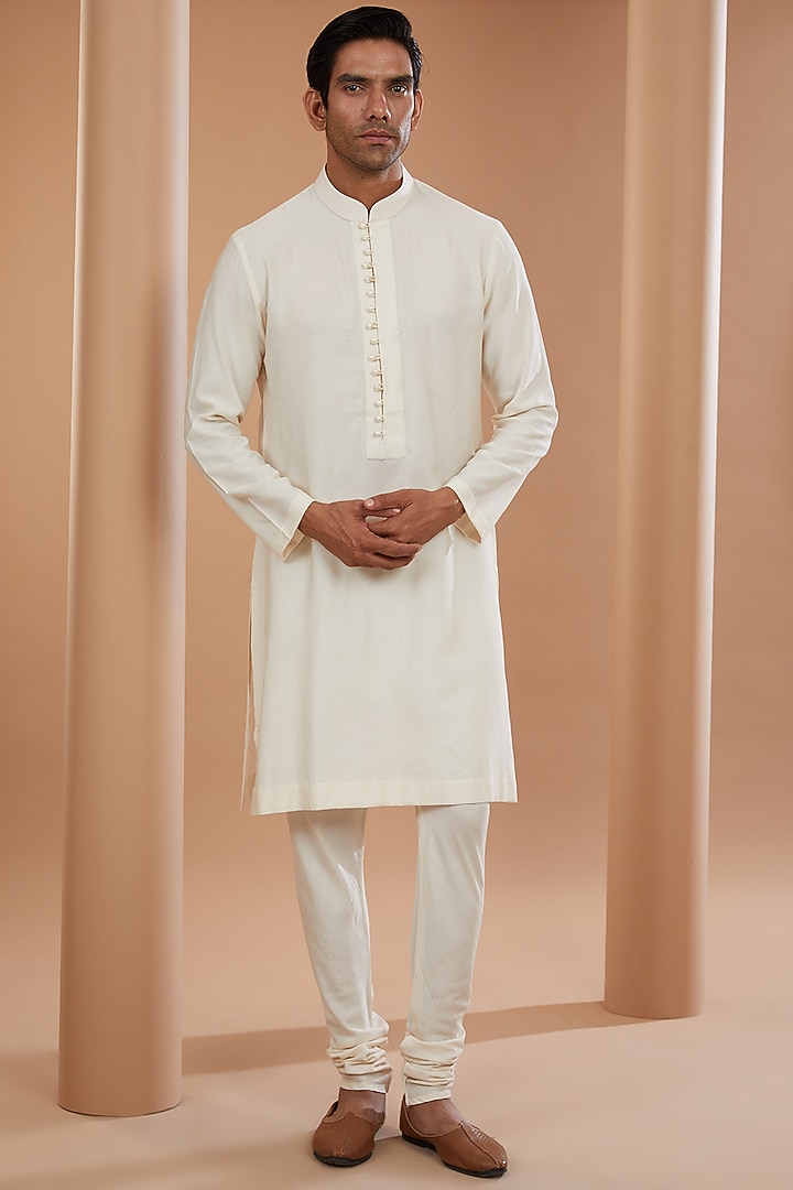 Beige Raw Silk Groom Sherwani Set by SANCHIT SHARMA at Pernia's Pop Up Shop
