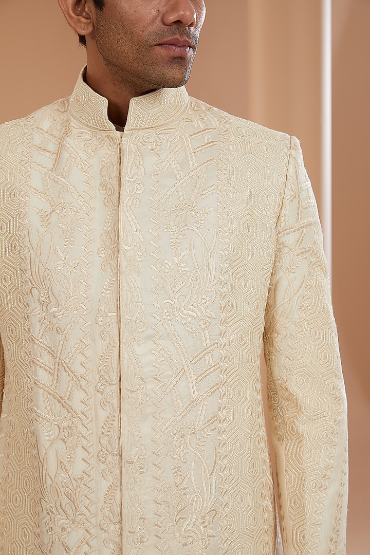 Beige Raw Silk Groom Sherwani Set by SANCHIT SHARMA at Pernia's Pop Up Shop