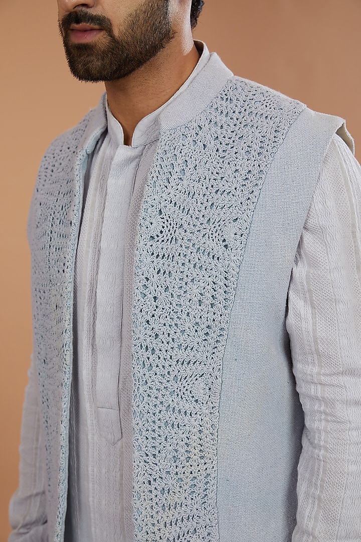 Ice Blue Khadi Chanderi Wedding Indowestern Set by SANCHIT SHARMA at Pernia's Pop Up Shop