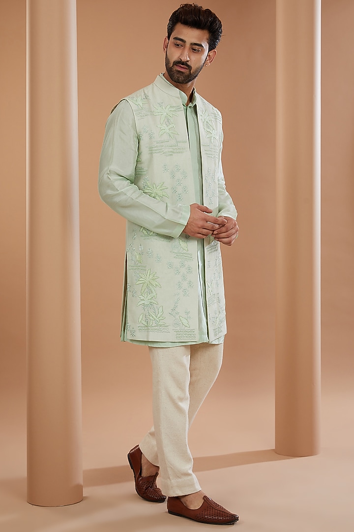 Green Silk Cutdana Embroidered Wedding Indowestern Set by SANCHIT SHARMA at Pernia's Pop Up Shop