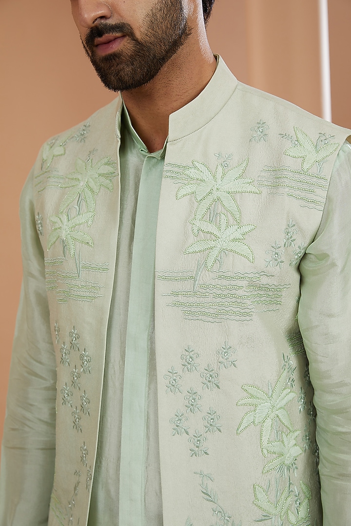 Green Silk Cutdana Embroidered Wedding Indowestern Set by SANCHIT SHARMA at Pernia's Pop Up Shop