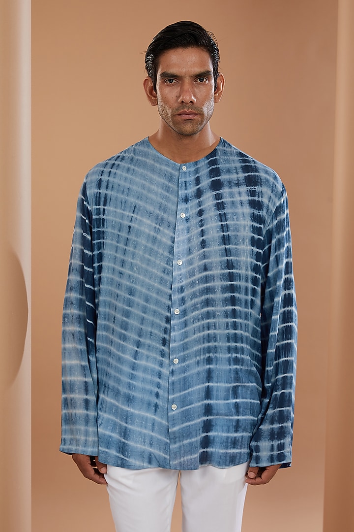 Blue Cotton Leheriya Tie-Dye Party Wear Shirt by SANCHIT SHARMA at Pernia's Pop Up Shop