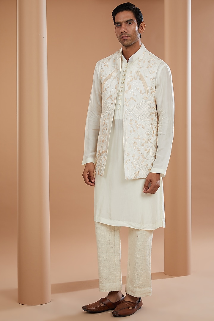 Ivory Khadi Chanderi Indowestern Jacket Set by SANCHIT SHARMA