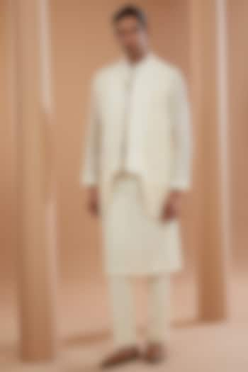 Ivory Khadi Chanderi Asymmetrical Indowestern Jacket Set by SANCHIT SHARMA