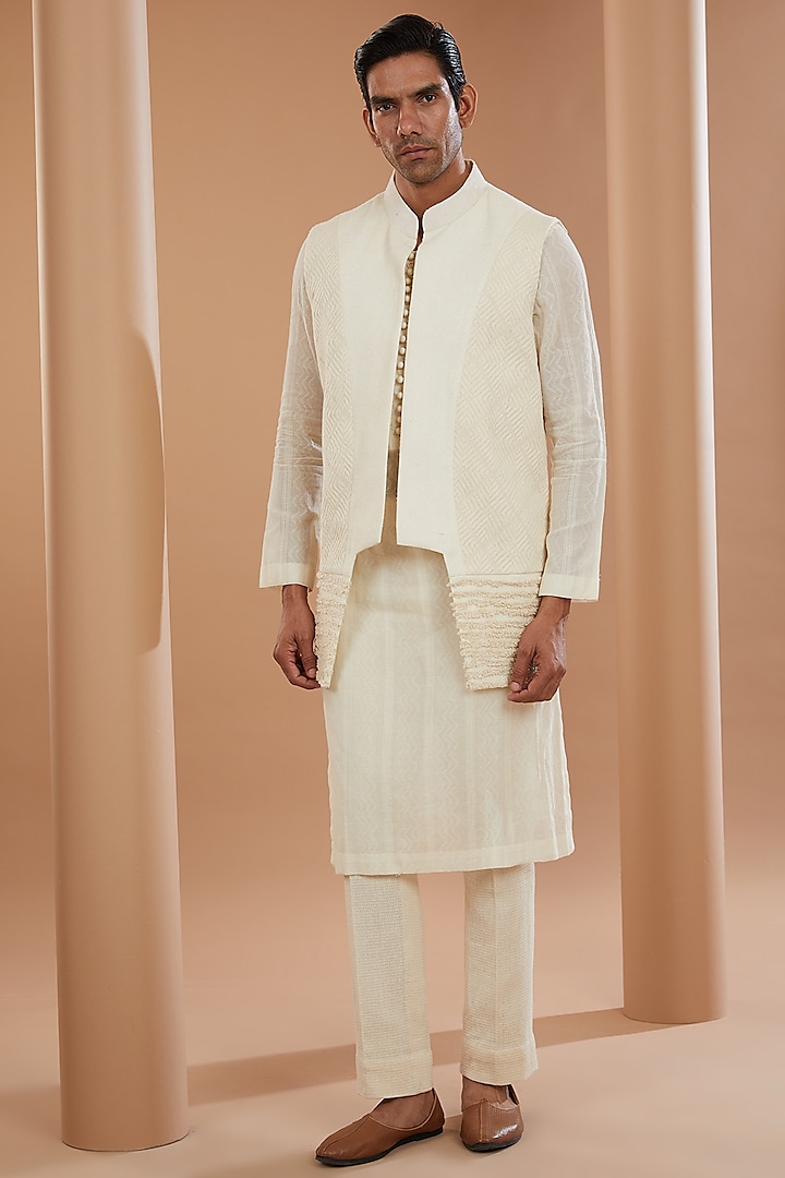 Ivory Khadi Chanderi Asymmetrical Indowestern Jacket Set by SANCHIT SHARMA