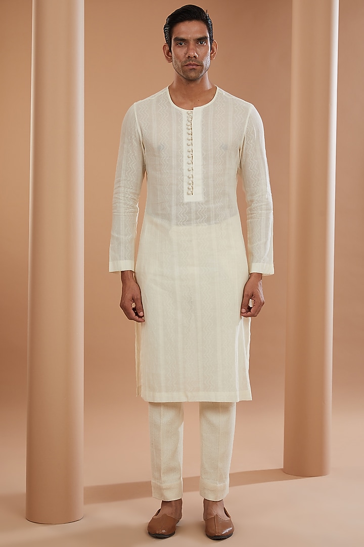 Ivory Khadi Chanderi Asymmetrical Wedding Indowestern Jacket Set by SANCHIT SHARMA at Pernia's Pop Up Shop