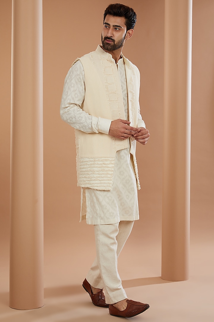 Ivory Khadi Chanderi Asymmetrical Indowestern Jacket Set by SANCHIT SHARMA