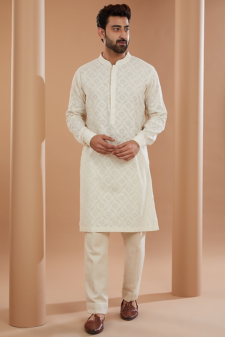 Ivory Khadi Chanderi Asymmetrical Wedding Indowestern Jacket Set by SANCHIT SHARMA at Pernia's Pop Up Shop