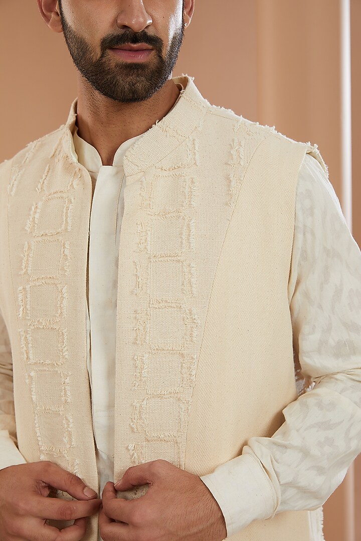 Ivory Khadi Chanderi Asymmetrical Wedding Indowestern Jacket Set by SANCHIT SHARMA at Pernia's Pop Up Shop
