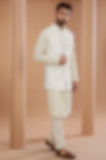 Ivory Khadi Chanderi Striped Nehru Jacket Set by SANCHIT SHARMA