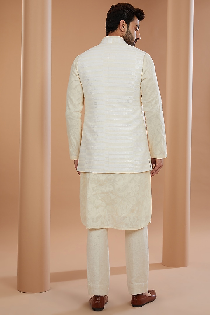 Ivory Khadi Chanderi Striped Nehru Jacket Set by SANCHIT SHARMA at Pernia's Pop Up Shop
