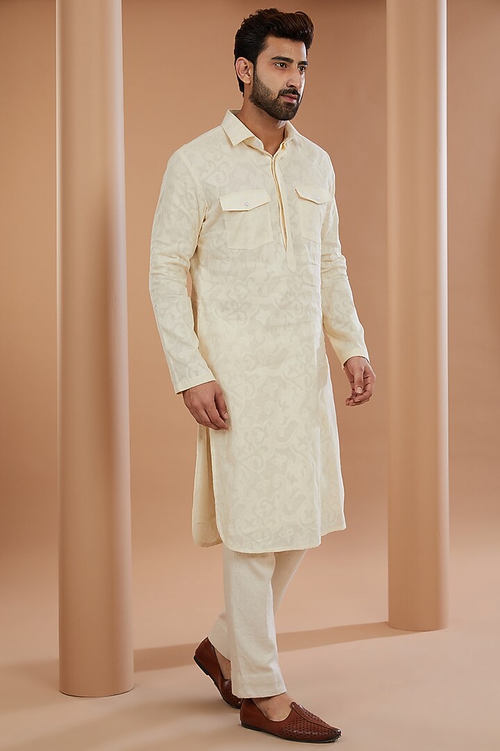 Ivory Khadi Chanderi Striped Nehru Jacket Set by SANCHIT SHARMA at Pernia's Pop Up Shop