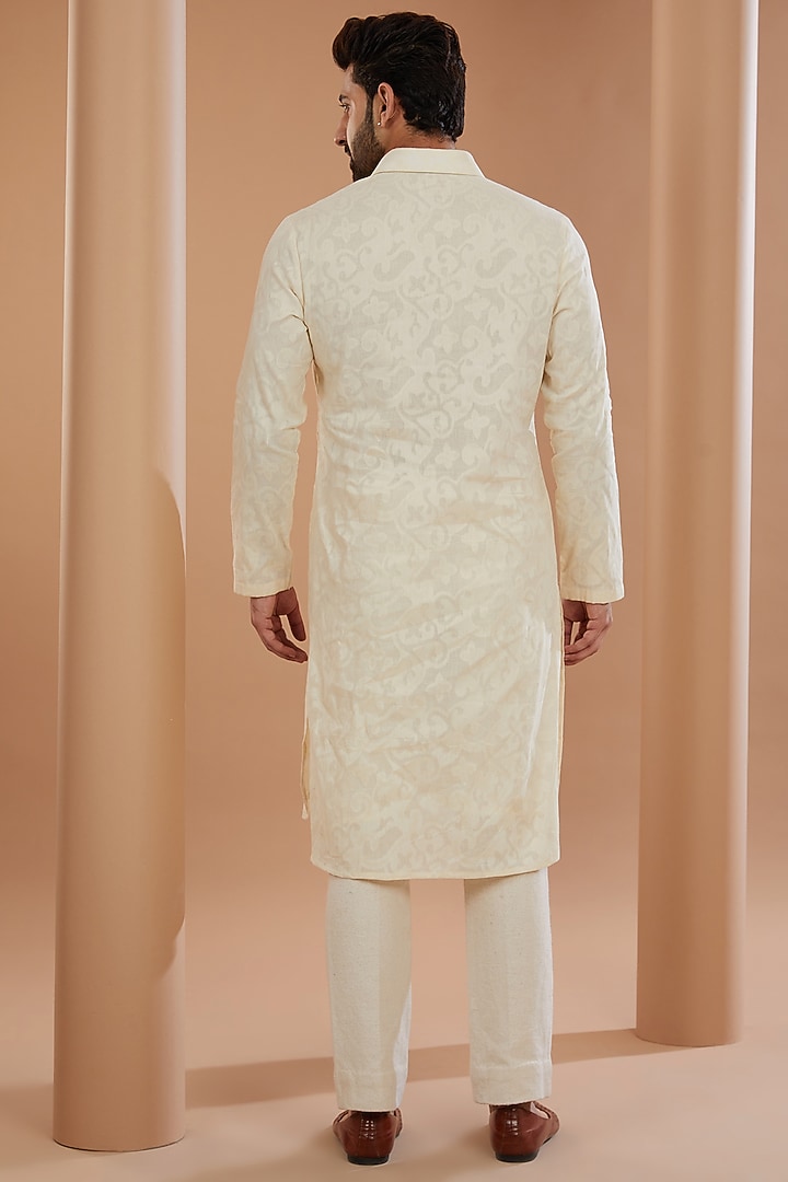 Ivory Khadi Chanderi Striped Nehru Jacket Set by SANCHIT SHARMA at Pernia's Pop Up Shop