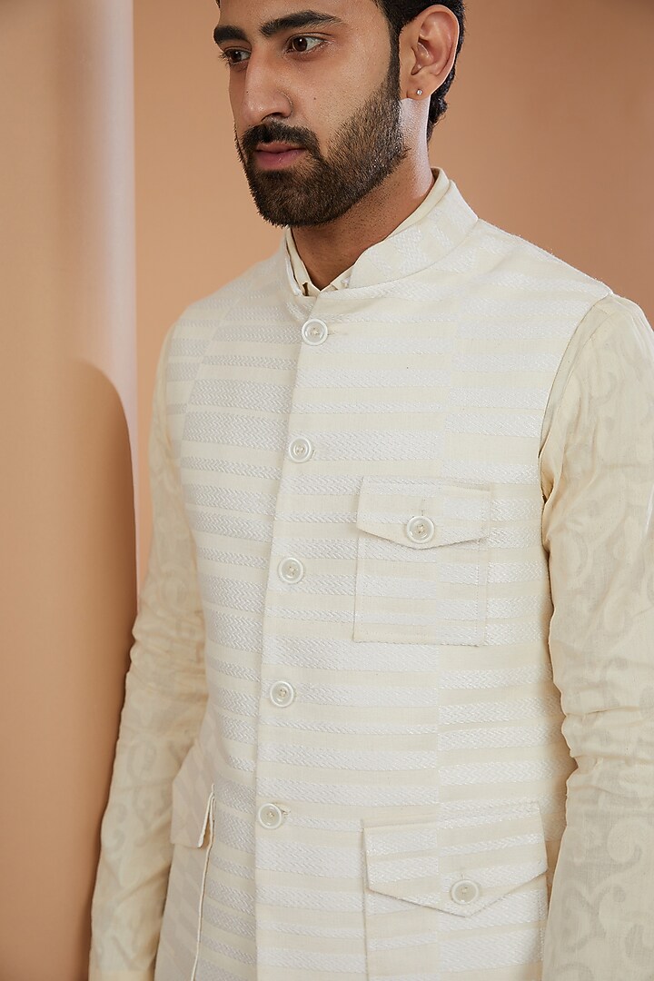 Ivory Khadi Chanderi Striped Nehru Jacket Set by SANCHIT SHARMA at Pernia's Pop Up Shop