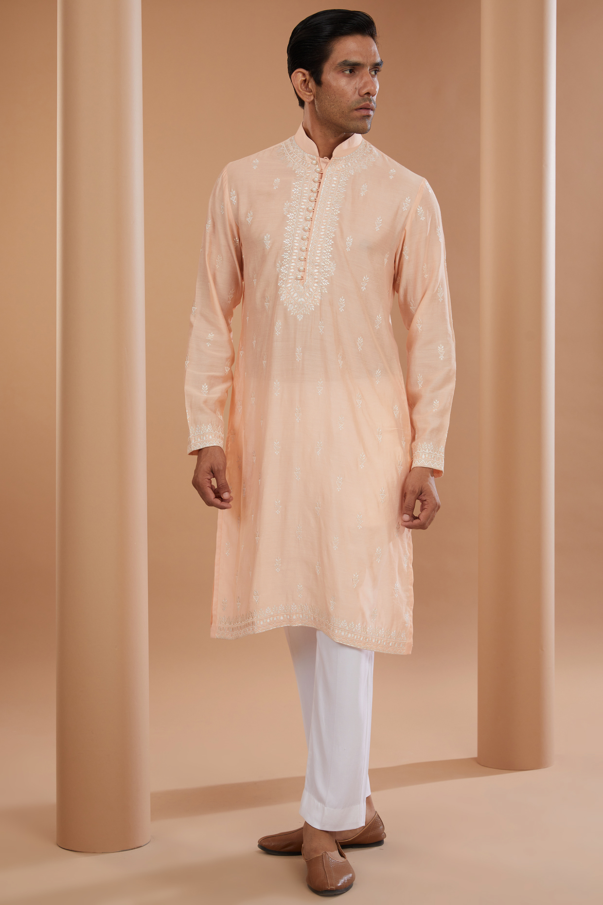 Peach Silk Thread Embroidered Kurta Set by SANCHIT SHARMA at Pernia's Pop Up Shop