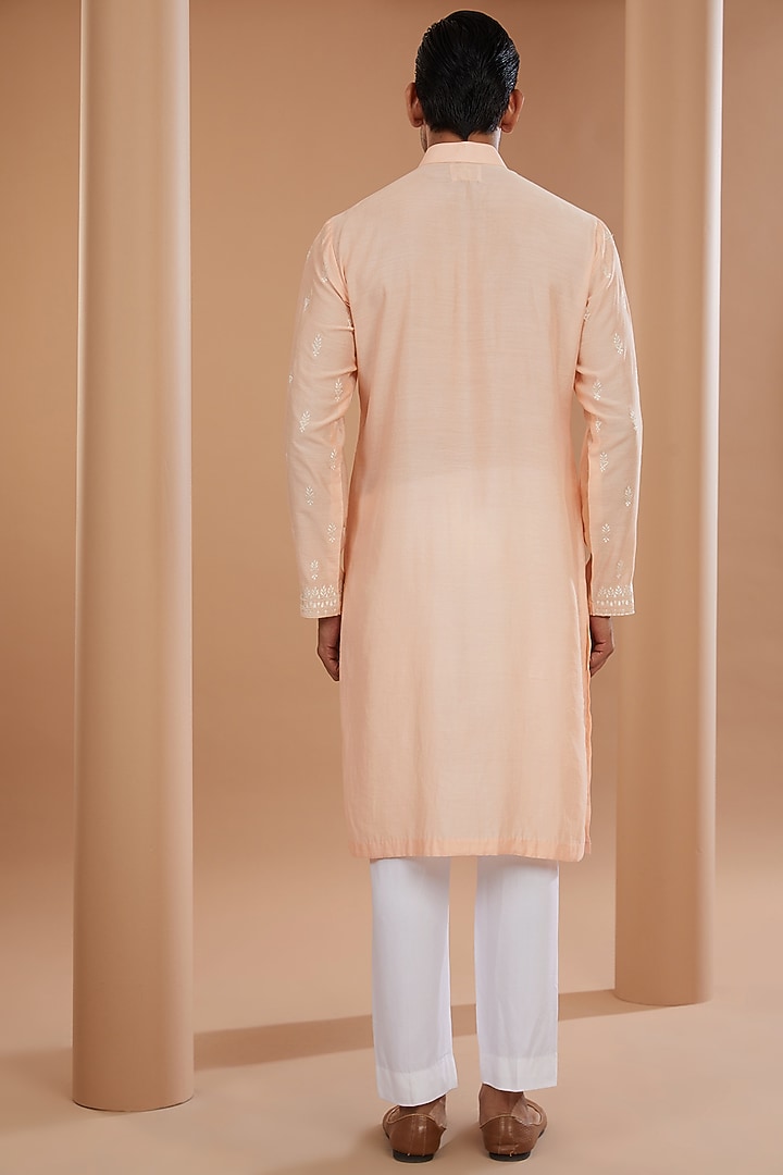 Peach Silk Thread Embroidered Kurta Set by SANCHIT SHARMA at Pernia's Pop Up Shop