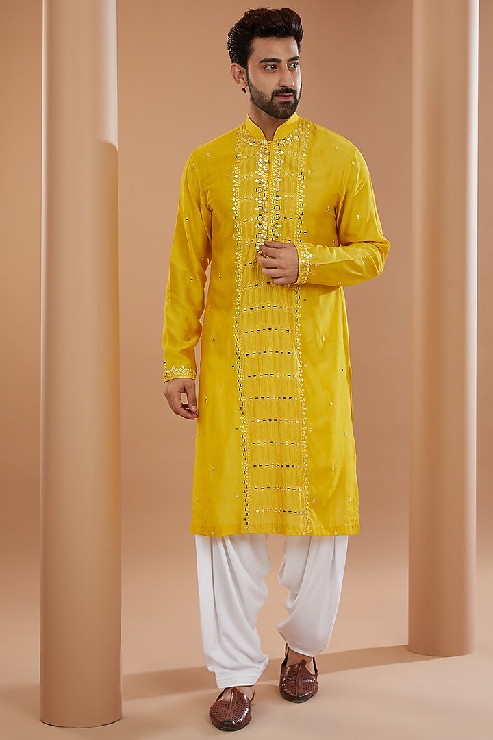 Yellow Silk Mirror Embroidered Kurta Set by SANCHIT SHARMA at Pernia's Pop Up Shop