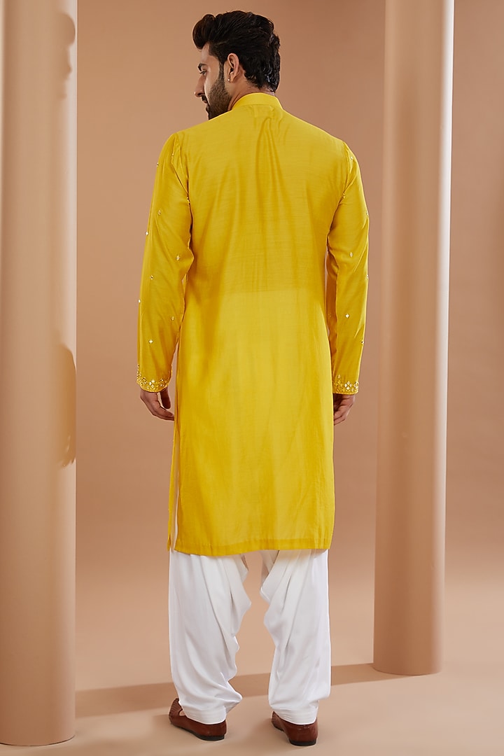 Yellow Silk Mirror Embroidered Kurta Set by SANCHIT SHARMA at Pernia's Pop Up Shop