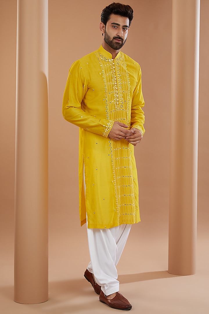 Yellow Silk Mirror Embroidered Kurta Set by SANCHIT SHARMA at Pernia's Pop Up Shop