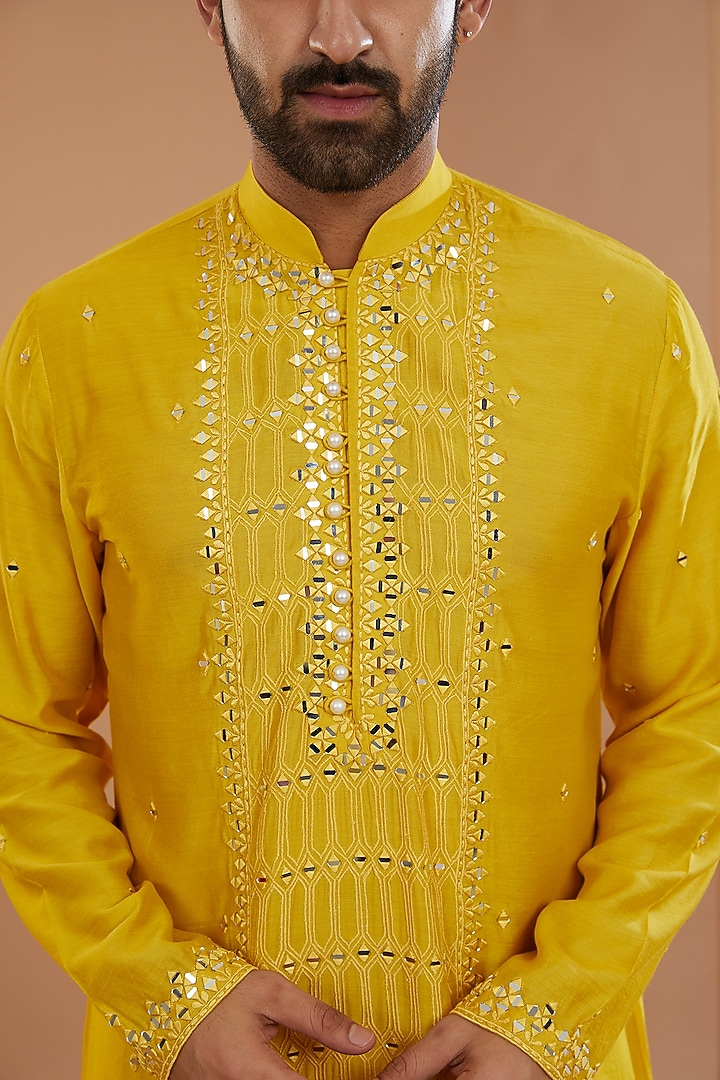 Yellow Silk Mirror Embroidered Kurta Set by SANCHIT SHARMA at Pernia's Pop Up Shop