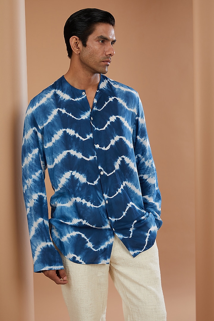 Blue Cotton Leheriya Tie-Dye Shirt by SANCHIT SHARMA