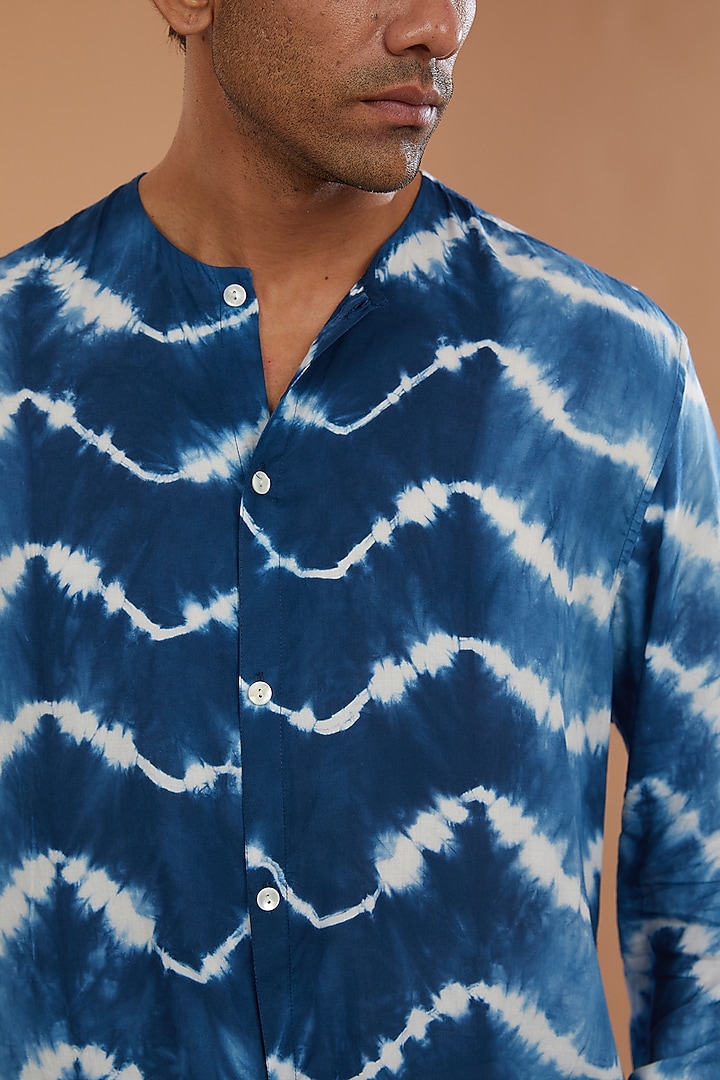 Blue Cotton Leheriya Tie-Dye Party Wear Shirt by SANCHIT SHARMA at Pernia's Pop Up Shop