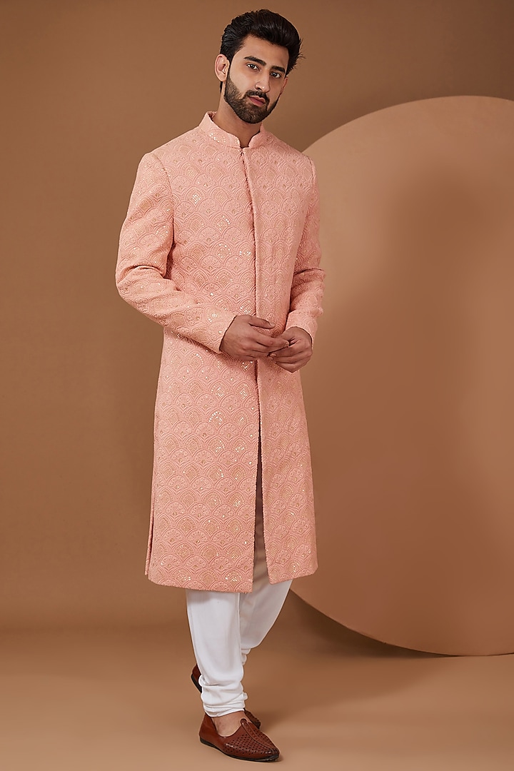 Peach Raw Silk Chikankari Indowestern Set by SANCHIT SHARMA