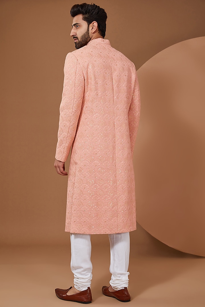 Peach Raw Silk Chikankari Wedding Indowestern Set by SANCHIT SHARMA at Pernia's Pop Up Shop