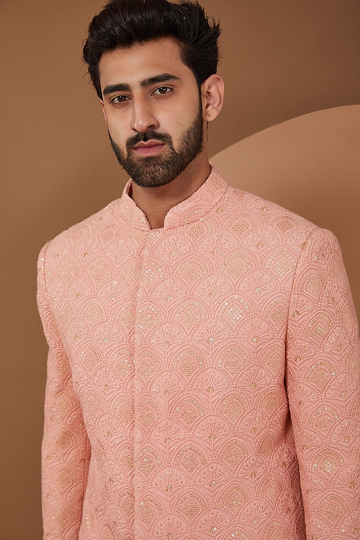 Peach Raw Silk Chikankari Wedding Indowestern Set by SANCHIT SHARMA at Pernia's Pop Up Shop