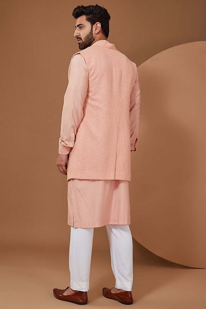 Peach Raw Silk Wedding Indowestern Set by SANCHIT SHARMA at Pernia's Pop Up Shop