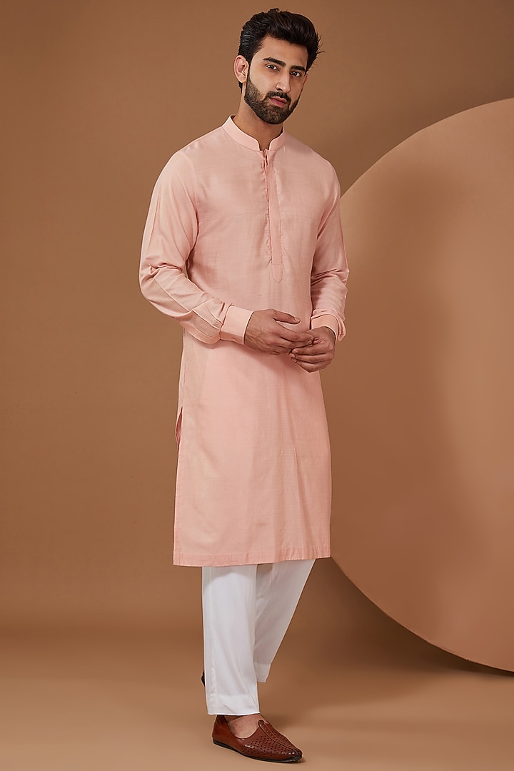 Peach Raw Silk Wedding Indowestern Set by SANCHIT SHARMA at Pernia's Pop Up Shop